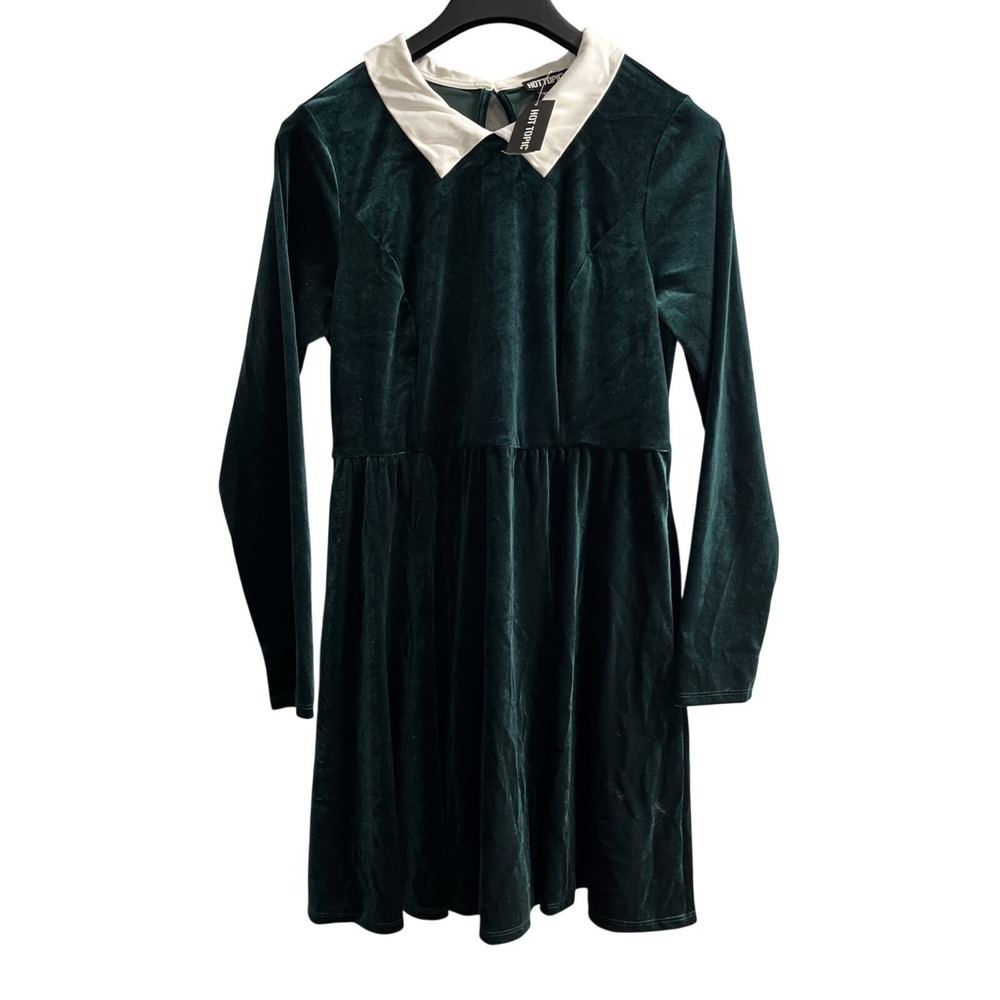 Hot Topic Dress Green Velvet Collared Mini Size L Goth Grunge Wednesday Adams